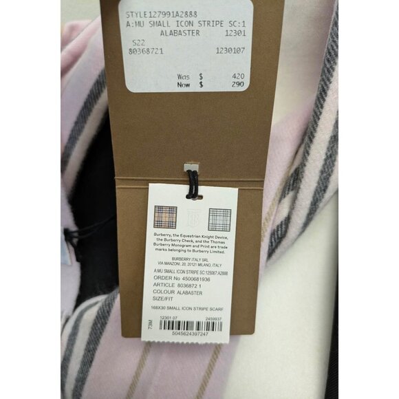 Burberry Small Icon Stripe Cashmere Wool Scarf In Alabaster 168*30cm - Picture 7 of 8